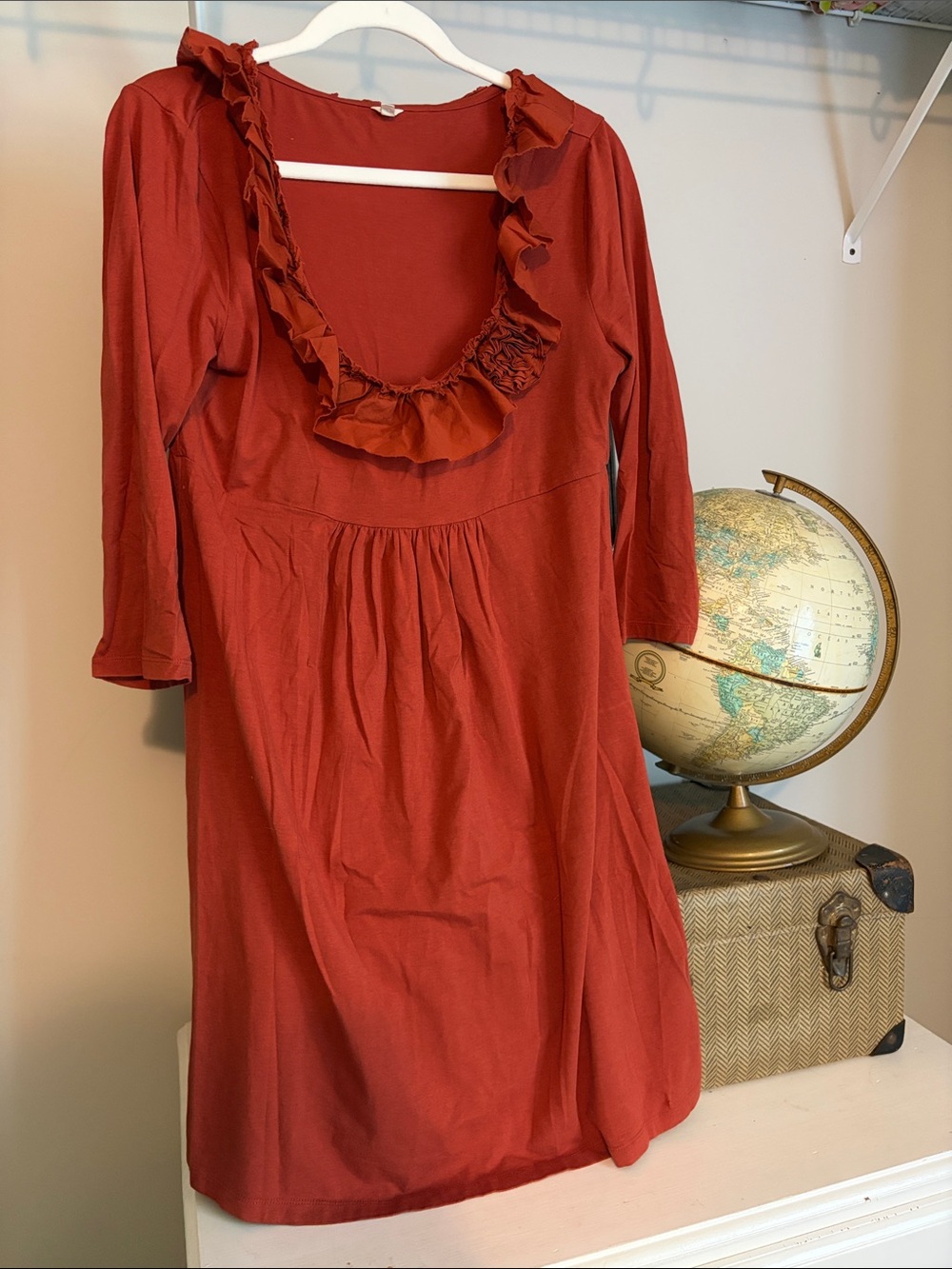 J. Crew Rust Red Long-Sleeve Ruffle Scoop Dress